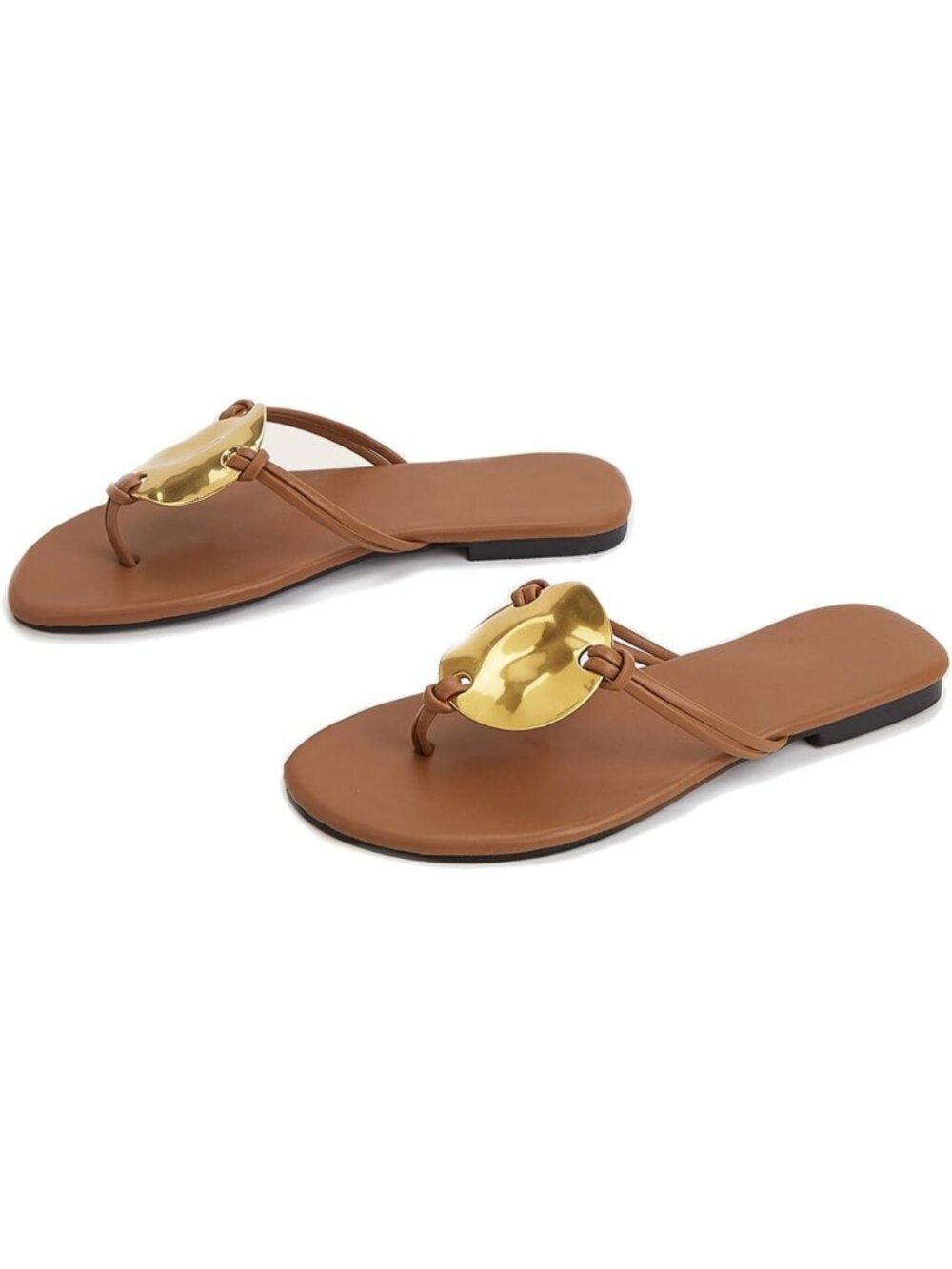 Women's Brown Metal Flip Flops Thong Flats Slip on Soft Cushion Dressy Shoes